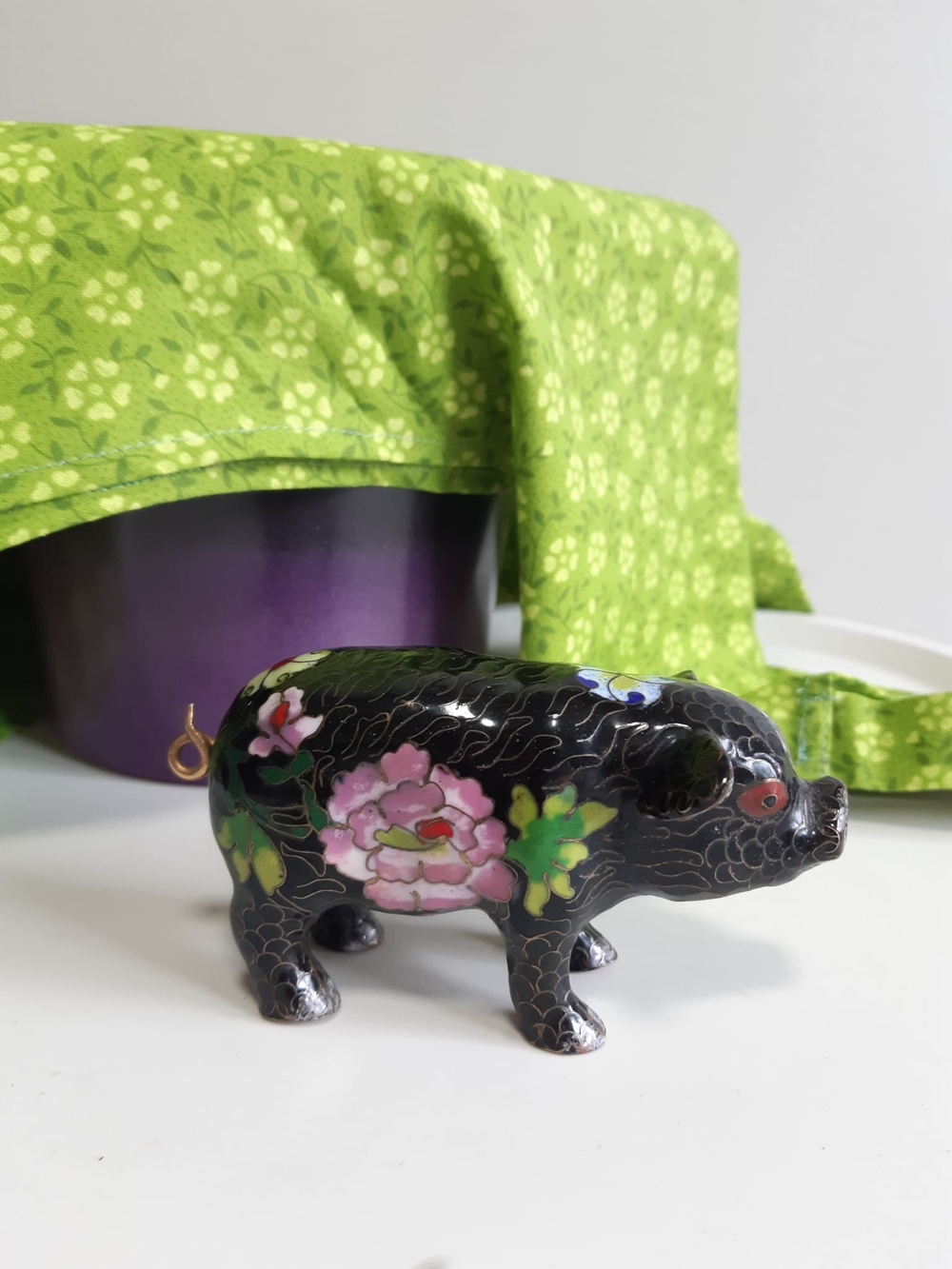 Rare Cloisonné Piggy with Pink Floral Design